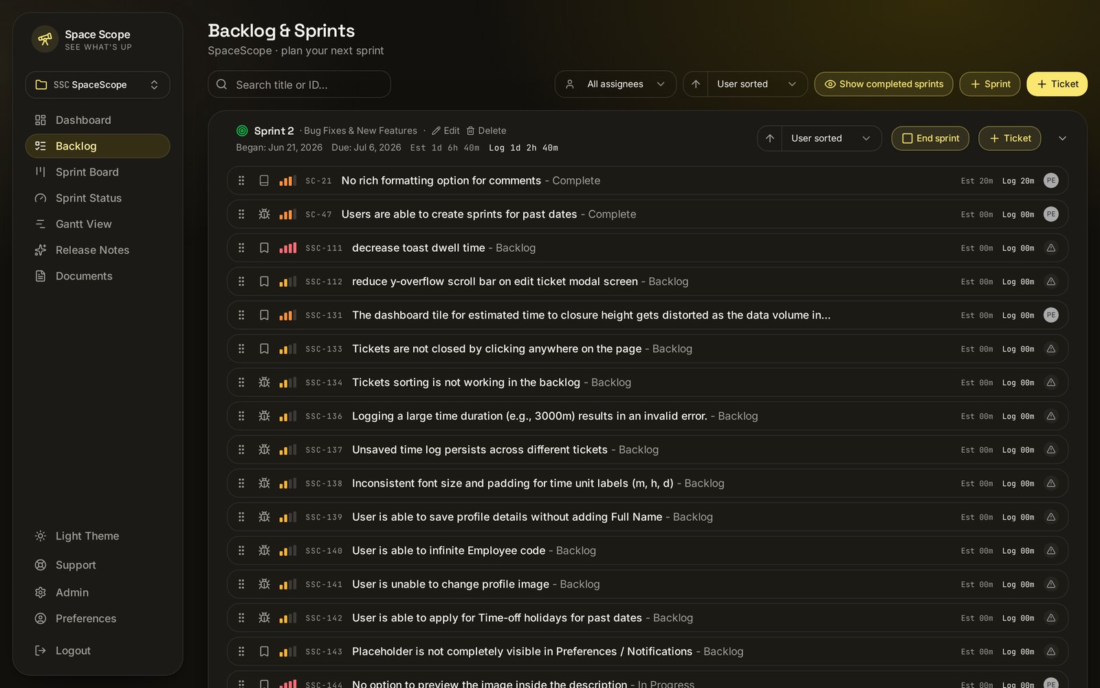 Space Scope backlog and sprint planning screen