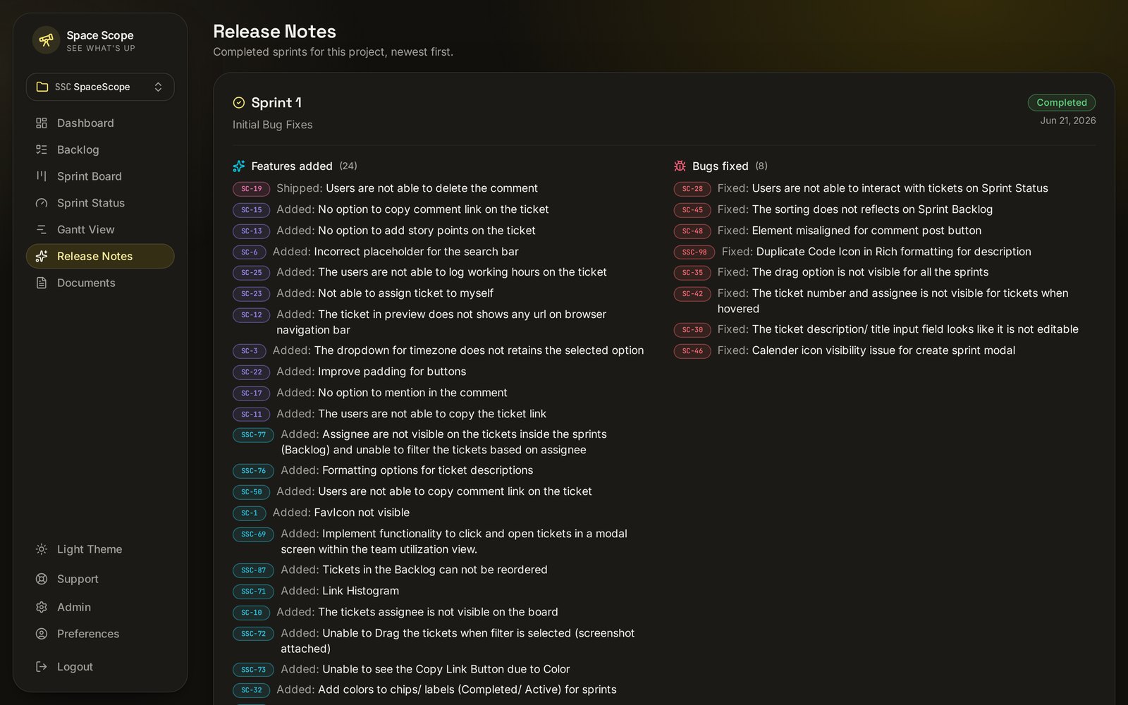 Space Scope release notes and changelog screen