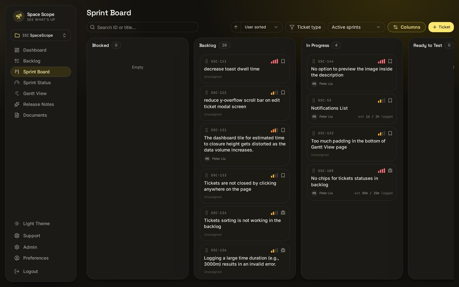 Space Scope sprint board with drag-and-drop columns